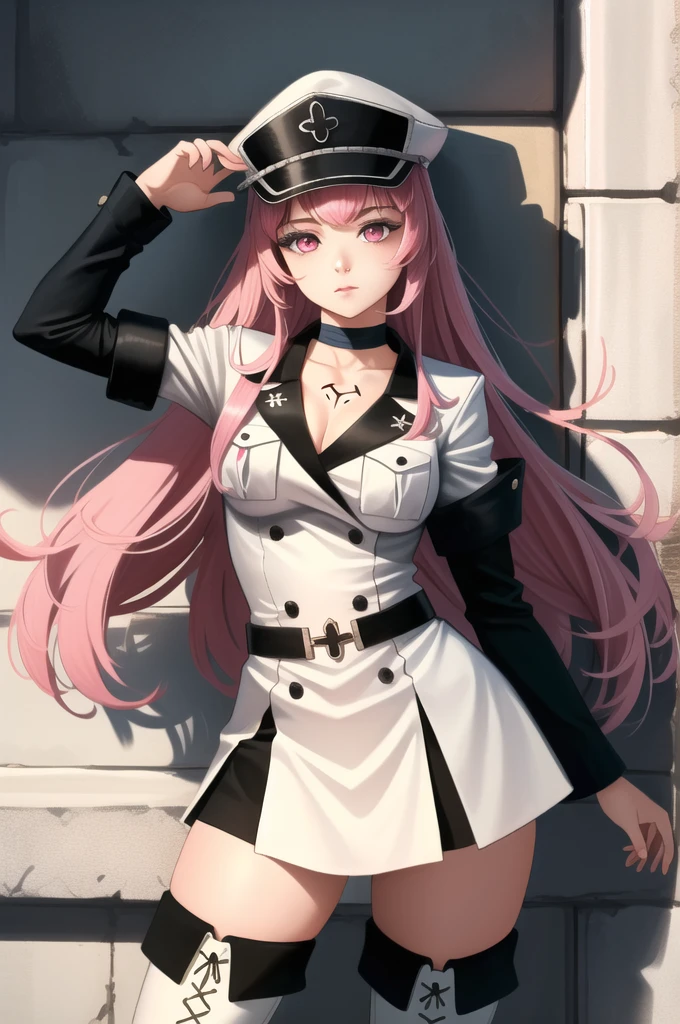 (masterpiece, best quality),  intricate details,
1girl,  hilda, pink hair, pink eyes, long hair, hat, peaked cap, military, uniform, military uniform, choker, thighhighs, boots, thigh boots, white footwear, chest tattoo, 
