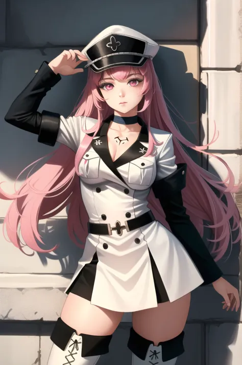 (masterpiece, best quality),  intricate details,
1girl,  hilda, pink hair, pink eyes, long hair, hat, peaked cap, military, unif...