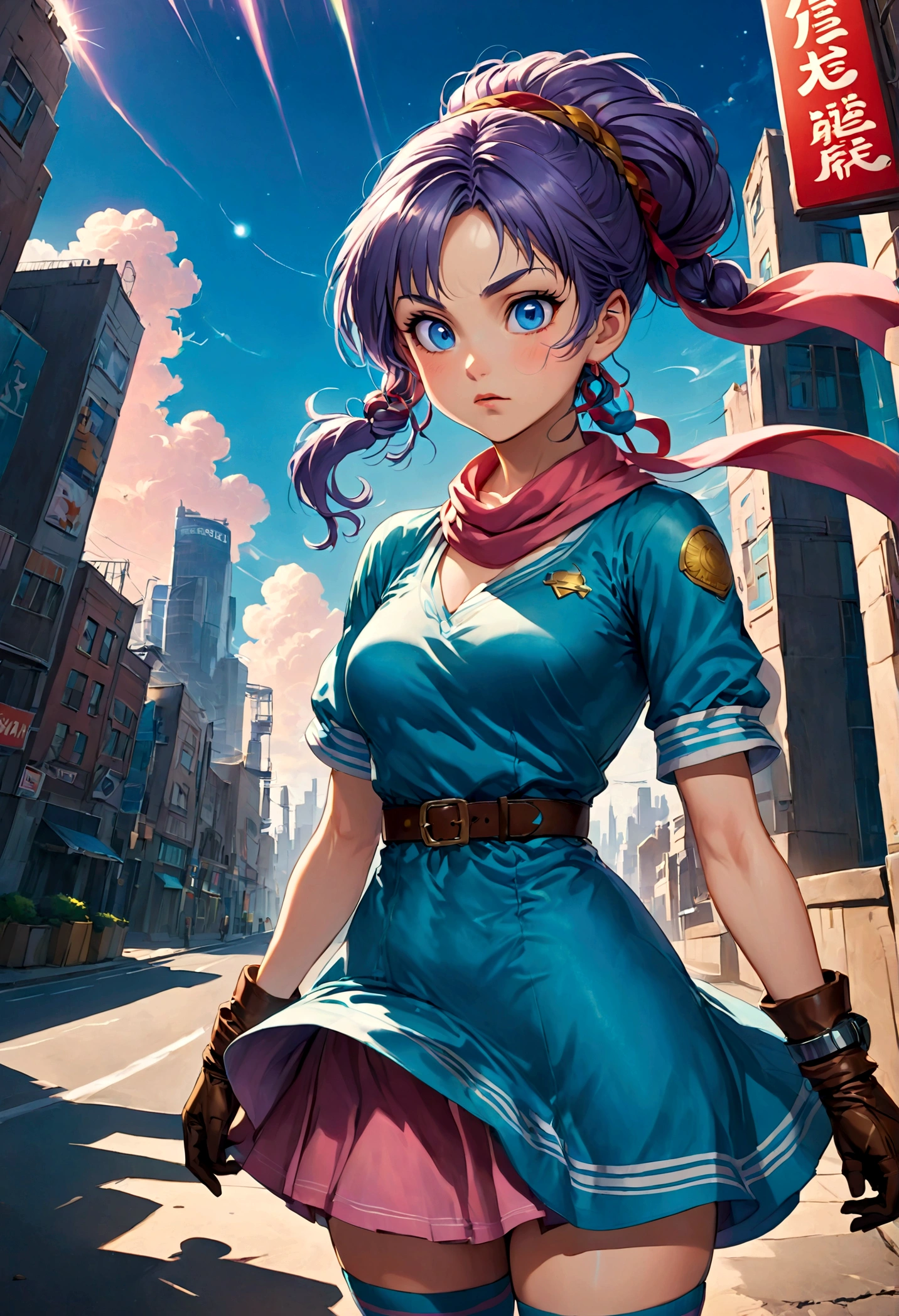 1fille, Bulma, (Regard dégoûté, froncer les sourcils:1.2), dégoûter, visage dégoûté, mépris, Cheveux bleus, yeux bleus, ankle bottes, ankle chaussettes, ceinture, chaussures bleues, bottes, Bracelet, tresser, tressered ponytail, brown ceinture, brown gants, robe, gants, hair ruban, bijoux, loose chaussettes, Frange séparée, pink robe, purple foulard, purple chaussettes, red ruban, ruban, foulard, chaussures, short robe, manches courtes, gant unique, baskets, chaussettes, vêtements à rayures verticales, vertical-striped robe, En plein air, Paysage urbain, regarder le spectateur, par le bas, Fermer, oeil brillant, angle hollandais, tir de cow-boy, animé screenshot, source_animé, composition dramatique, scène d&#39;action dynamique cinématographique, couleurs vives, Éclairage cinématographique, Éclairage dramatique, Meilleure qualité, chef-d&#39;œuvre, très esthétique, composition parfaite, détails complexes, ultra-détaillé