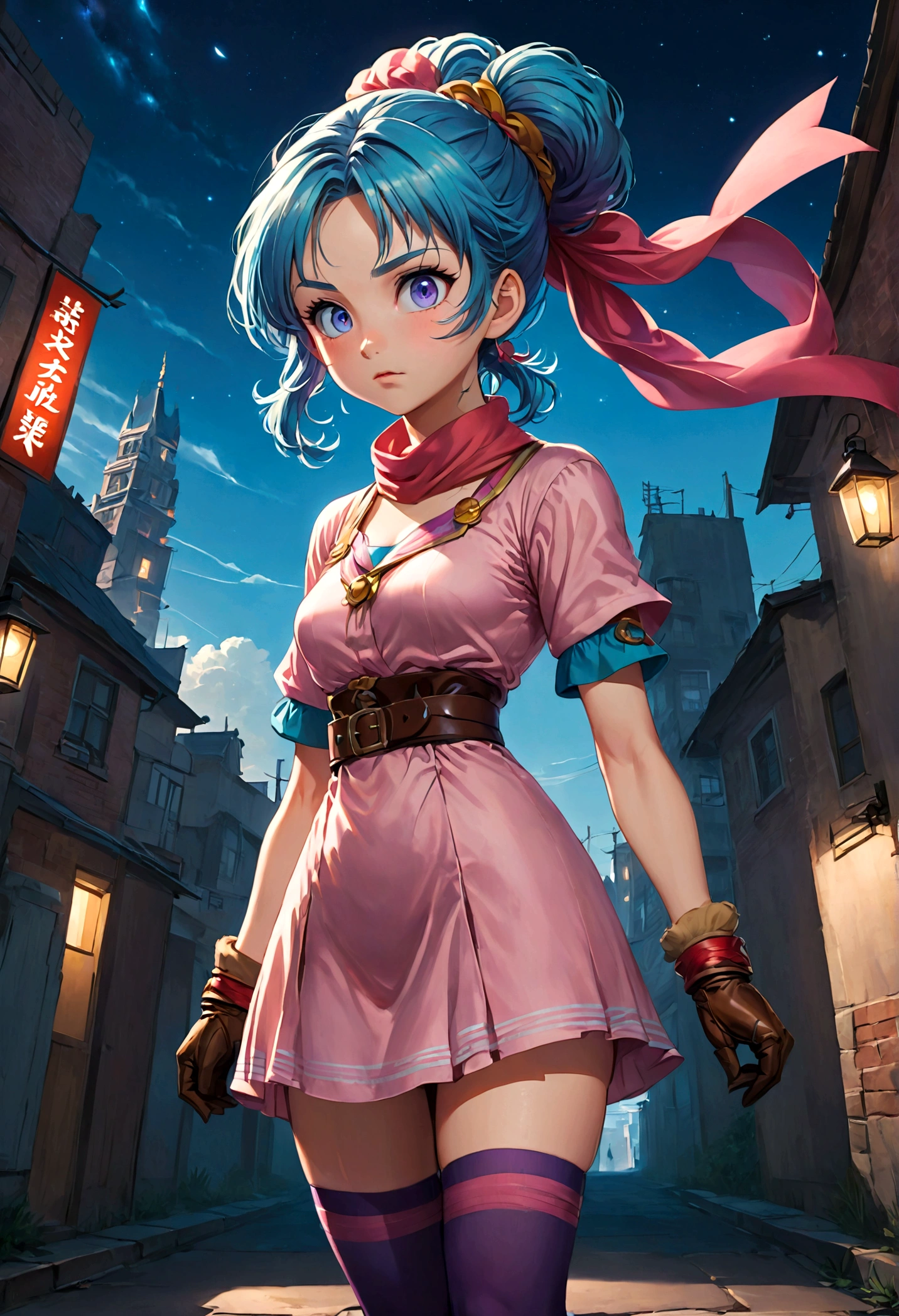 1girl, bulma, (Disgusted Look, frown:1.2), disgust, Disgusted face, contempt, blue hair, blue eyes, ankle boots, ankle socks, belt, blue footwear, boots, bracelet, braid, braided ponytail, brown belt, brown gloves, dress, gloves, hair ribbon, jewelry, loose socks, parted bangs, pink dress, purple scarf, purple socks, red ribbon, ribbon, scarf, shoes, short dress, short sleeves, single glove, sneakers, socks, vertical-striped clothes, vertical-striped dress, outdoors, cityscape, looking at viewer, from below, close up, glowing eye, dutch angle, cowboy shot, anime screenshot, source_anime, dramatic composition, cinematic dynamic action scene, vibrant colors, cinematic lighting, dramatic lighting, best quality, masterpiece, very aesthetic, perfect composition, intricate details, ultra-detailed