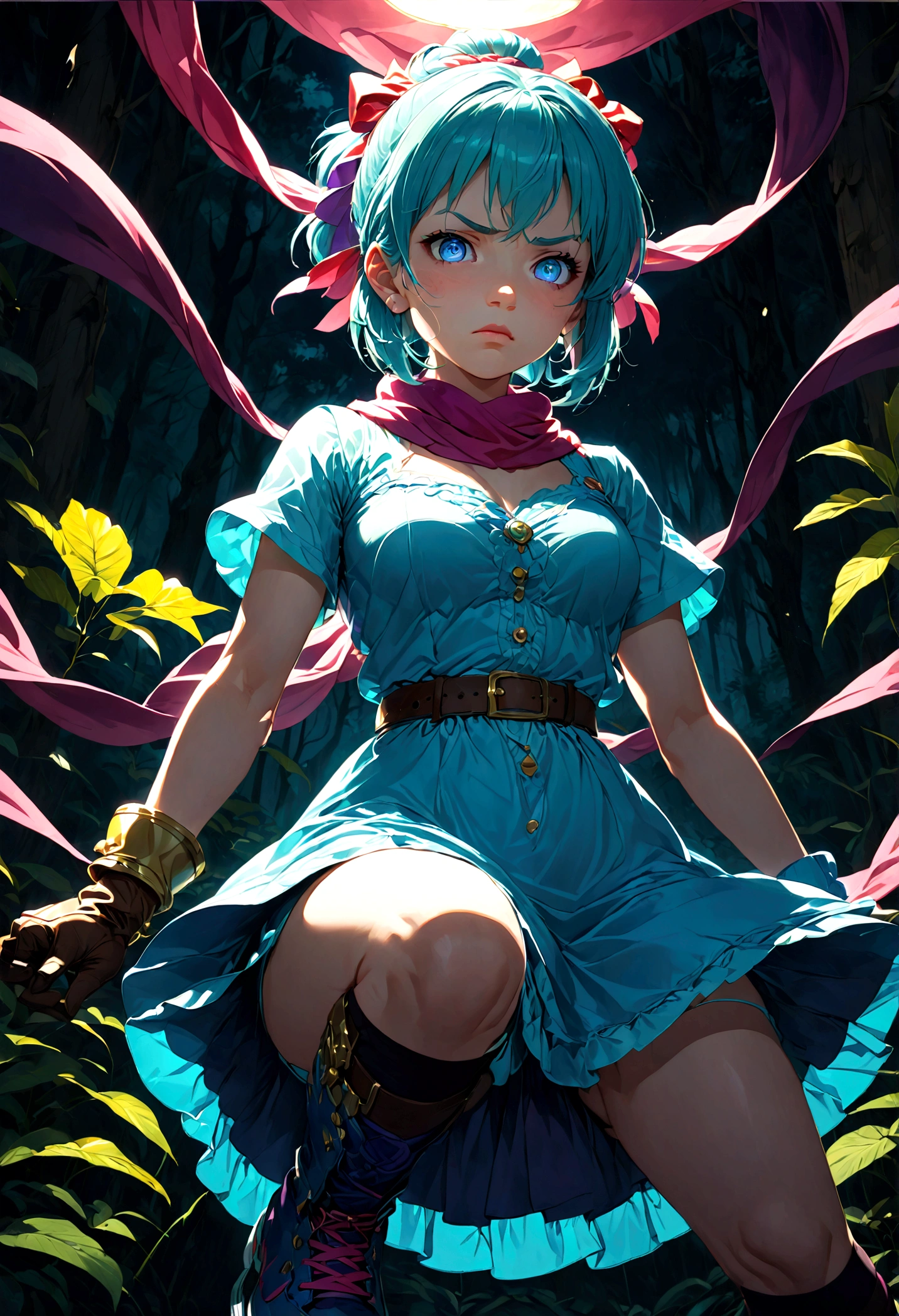 1girl, bulma, (Disgusted Look, frown:1.2), disgust, Disgusted face, contempt, blue hair, blue eyes, ankle boots, ankle socks, belt, blue footwear, boots, bracelet, braid, braided ponytail, brown belt, brown gloves, dress, gloves, hair ribbon, jewelry, loose socks, parted bangs, pink dress, purple scarf, purple socks, red ribbon, ribbon, scarf, shoes, short dress, short sleeves, single glove, sneakers, socks, vertical-striped clothes, vertical-striped dress, outdoors, forest, looking at viewer, close up, glowing eye, dutch angle, cowboy shot, anime screenshot, source_anime, dramatic composition, cinematic dynamic action scene, vibrant colors, cinematic lighting, dramatic lighting, best quality, masterpiece, very aesthetic, perfect composition, intricate details, ultra-detailed