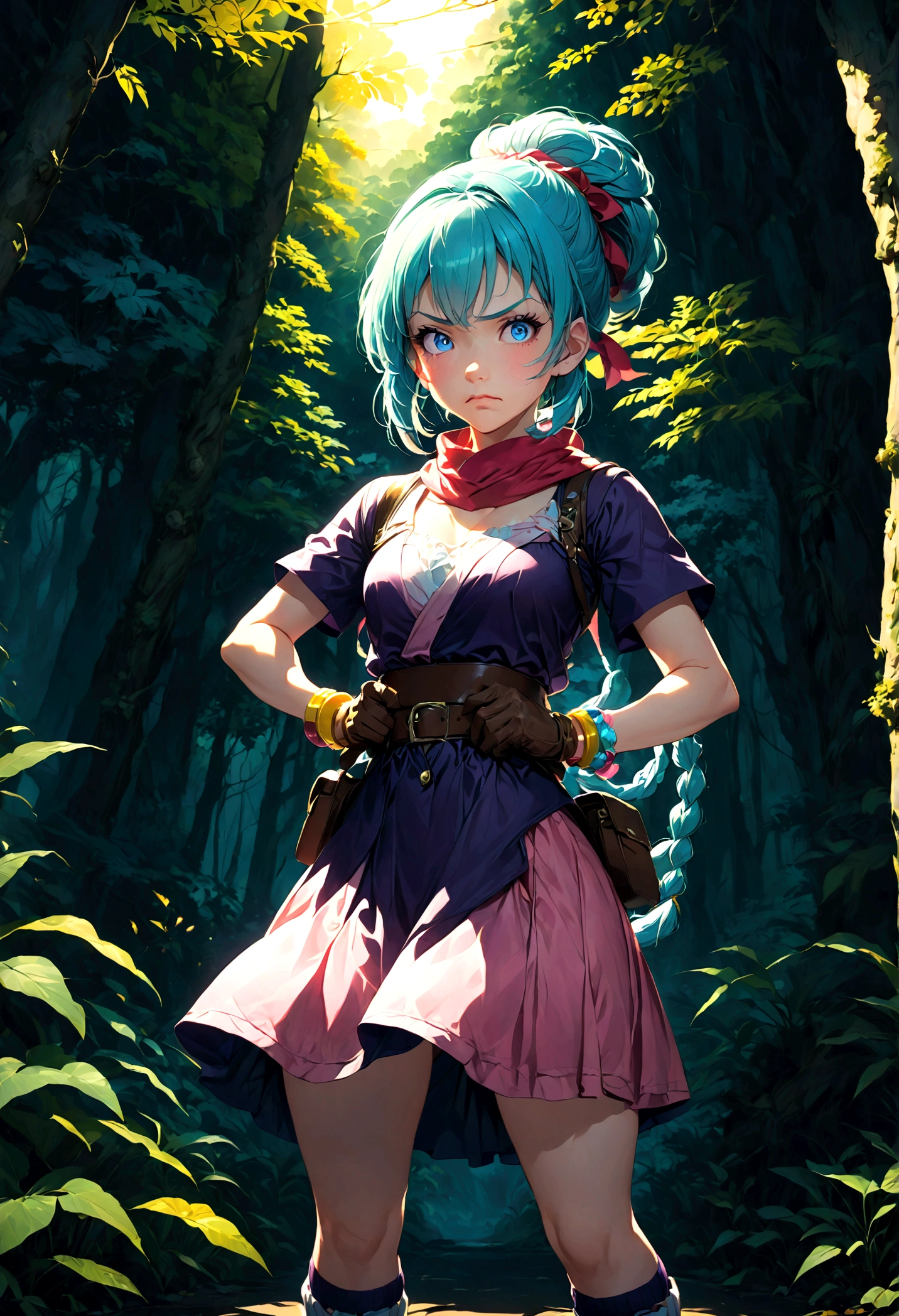 1girl, bulma, (Disgusted Look, frown:1.2), disgust, Disgusted face, contempt, blue hair, blue eyes, ankle boots, ankle socks, belt, blue footwear, boots, bracelet, braid, braided ponytail, brown belt, brown gloves, dress, gloves, hair ribbon, jewelry, loose socks, parted bangs, pink dress, purple scarf, purple socks, red ribbon, ribbon, scarf, shoes, short dress, short sleeves, single glove, sneakers, socks, vertical-striped clothes, vertical-striped dress, outdoors, forest, looking at viewer, close up, glowing eye, dutch angle, cowboy shot, anime screenshot, source_anime, dramatic composition, cinematic dynamic action scene, vibrant colors, cinematic lighting, dramatic lighting, best quality, masterpiece, very aesthetic, perfect composition, intricate details, ultra-detailed