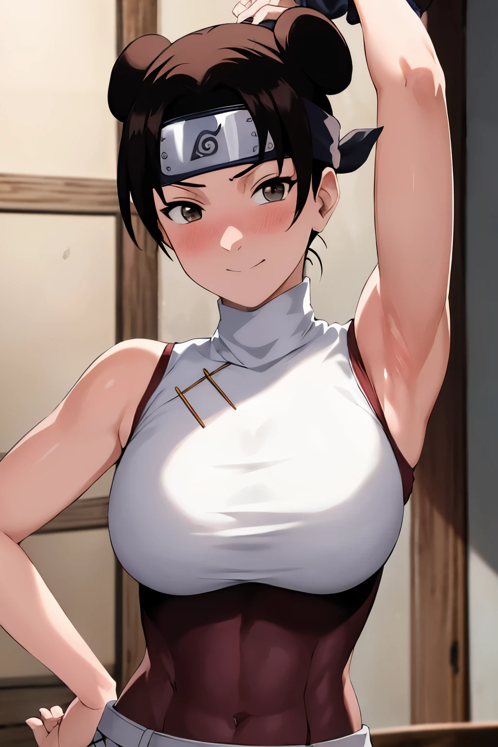 masterpiece, absurdres , (intricate details), (colorful),cinematic lighting,bust shot,extremely detailed CG unity 8k wallpaper,tenten\(shippuden\), 1girl, solo, ((white sleeveless turtleneck)), (large breasts), hand on hip,forehead protector, konohagakure symbol, headband,  looking at viewer, (village street), charming smile, ((slim waist)), ((blushing)), armpit