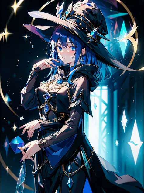 25-year-old girl、wearing a black elegant hat、rune background、black magician、wearing a black robe、mesmerize、cute woman、elegant ha...