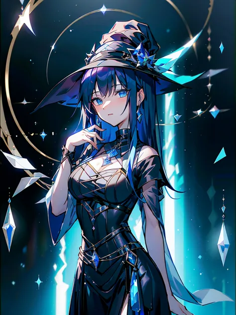 25-year-old girl、wearing a black elegant hat、rune background、black magician、wearing a black robe、mesmerize、cute woman、elegant ha...