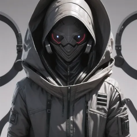 a close up of a person in a hoodedie standing in front of a clock, techwear occultist, dystopian sci-fi character, epic scifi ch...