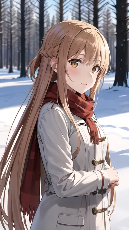 masterpiece, best quality, highres, aaasuna, long hair, brown hair, braid, brown eyes, coat, scarf, winter clothes, snow, outdoo...