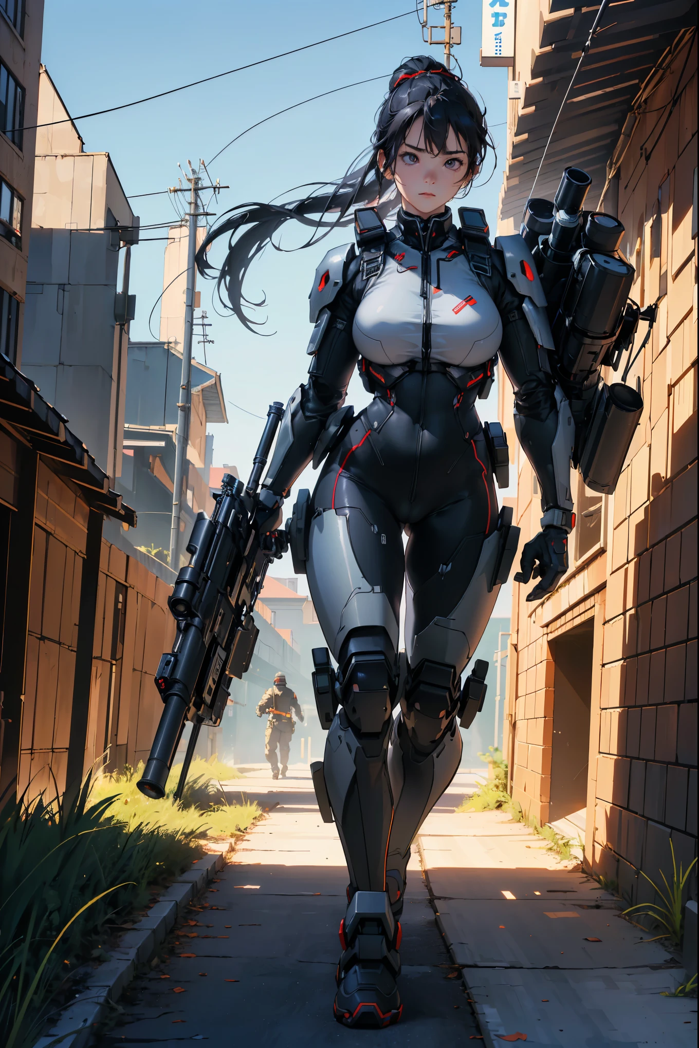 (best quality,4K,8k,High resolution,masterpiece:1.2),Extremely detailed,(surreal, Reality,Photo-realistic:1.37), Deadly ninja girl in powerful mecha, Carrying a heavy AWP rifle on his back, digital SLR camera, Light tracing, 3d, concept art, Action painting, movie lighting, clair obscur, (1.3) Emphasize her body curves, #11: Elegant Long White Ponytail, (0.5) Hints of violence and terror, A long red scarf fluttering in the wind, The background is a war-torn city, 8k resolution, Pretty Face, high nose, iridescent eyes, matte black, lime, (National Foundation:1.2)huge , Crazy breast swelling, Chest larger than shoulder blades, Big breasts and thin waist，(huge breasts:1.2)，Hydrated skin（（rogue））（（Very huge breasts）），（（Grooves reveal original skin）)