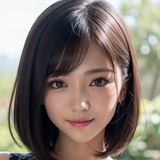 8k, highest quality, very detailed, high resolution, small breasts, thin lips, detailed face, cute smile, cute Japanese female idol, cute 24 year old beauty, beautiful and graceful features, cute face, natural bangs, well groomed, arched, thin eyebrows, ((large, well balanced eyes)), cute eyes, beautiful thin nose, beautiful skin, fair skin, medium bob hair, natural bangs, slim face, beautiful collarbone, slim figure, (looking at camera with a gentle smile), (face lighting), bright lighting, professional lighting, forward lighting, gentle smile, face lighting,