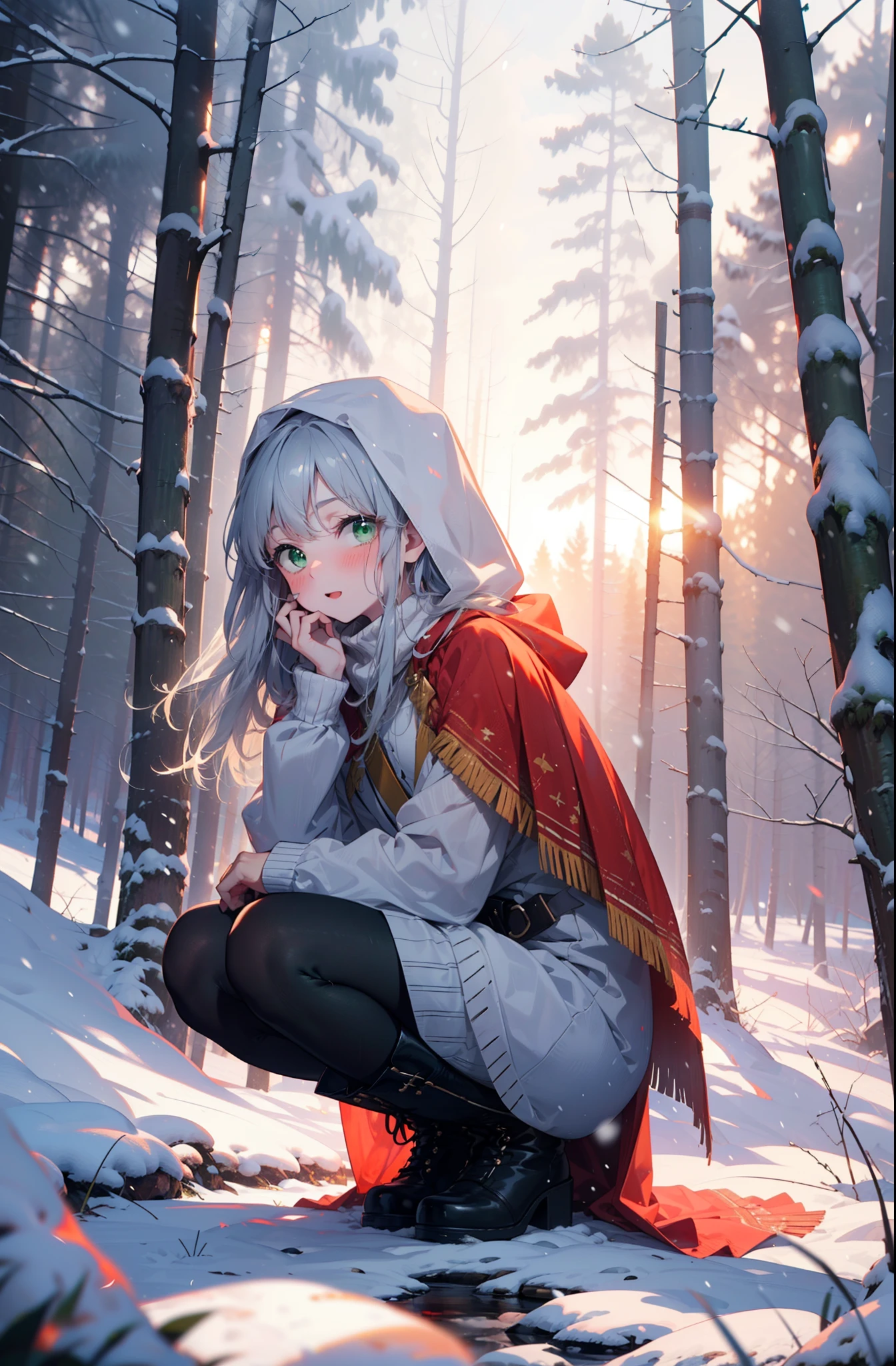 index, index, (Green Eyes:1.5), Silver Hair, Long Hair, (Flat Chest:1.2),smile,blush,White Breath,
Open your mouth,snow,Ground bonfire, Outdoor, boots, snowing, From the side, wood, suitcase, Cape, Blurred, , forest, White handbag, nature,  Squat, Mouth closed, Cape, winter, Written boundary depth, Black shoes, red Cape break looking at viewer, Upper Body, whole body, break Outdoor, forest, nature, break (masterpiece:1.2), highest quality, High resolution, unity 8k wallpaper, (shape:0.8), (Beautiful and beautiful eyes:1.6), Highly detailed face, Perfect lighting, Highly detailed CG, (Perfect hands, Perfect Anatomy),