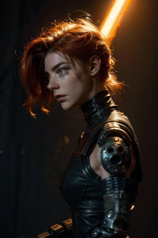 A highly detailed and realistic skull girl,( Anya. Taylor Joy) cyberpunk character, mad max furiosa, one hand robot, cyborg arm, orange hair, dramatic metal heavy rock theme, best quality, 8k, hyperrealistic, photorealistic, extreme detailed painting, studio lighting, vivid colors, dark moody atmosphere, cinematic, dramatic pose, intricate mechanical details, glowing energy effects, intense gritty textures, seamless integration of organic and inorganic elements. Wearing the used clothes of a wastelander. Background: An apocalyptic wasteland. Dusty and depressing.