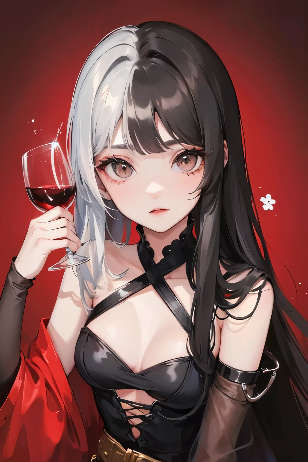 linda garota de olhos cinzentos com penteado longo dividido, cabelo preto-prateado e segurando uma taça de vinho em uma das mãos, fundo de flores vermelhas, grande baú
