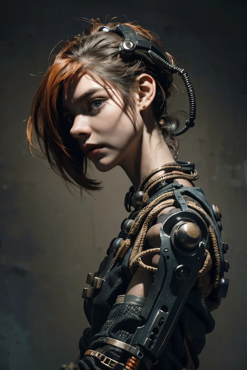 Una chica calavera muy detallada y realista.,( Anya. alegría) cyberpunk character, mad max furiosa, robot de una mano, brazo cyborg, pelo naranja, tema dramático metal heavy rock, mejor calidad, 8K, Híper realista, Fotorrealista, pintura extremadamente detallada, iluminación de estudio, colores vívidos, dark moody atmosphere, cinematográfico, pose dramática, Detalles mecánicos intrincados, Efectos de energía resplandeciente, texturas arenosas intensas, integración perfecta de elementos orgánicos e inorgánicos. Usando la ropa usada de un habitante del páramo.. fondo: Un páramo apocalíptico. Polvoriento y deprimente.