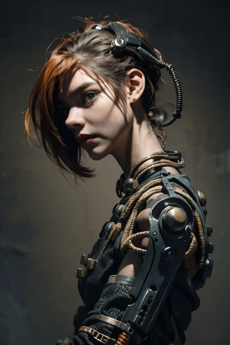 A highly detailed and realistic skull girl,( Anya. Taylor Joy) cyberpunk character, mad max furiosa, one hand robot, cyborg arm,...