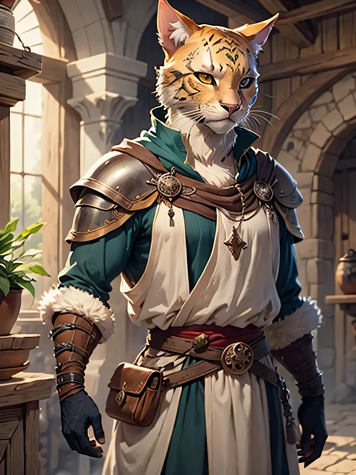 a male Khajiit from the world of skyrin, They possess medieval clothing, are in possession of action