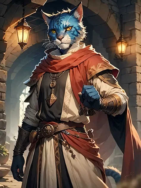 a male khajiit from the world of skyrin, they possess medieval clothing, are in possession of action