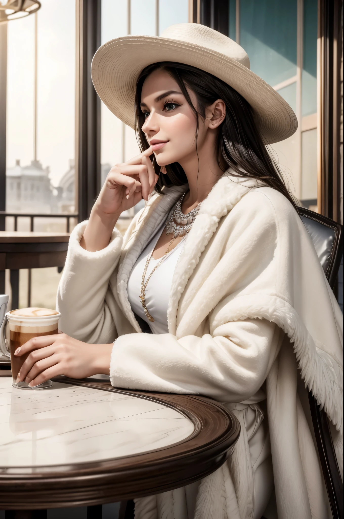 masterpiece, best quality, extremely detailed, hyperrealistic:1.1, photorealistic, a beautiful 20s russian model, ultra detailed face:1.1, white cowboy hat:1.1, white fur coat, black hair, in luxurious cafe, in the sunshine:1.1, sitting at table with a coffee cup:1.2, perfect hands, perfect fingers, sly smile:1.1, putting index finger on own mouth
