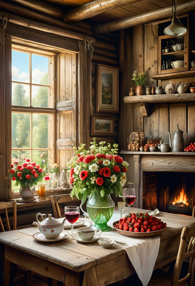 Ivan Fedorovich Choultse 的超現實超詳細鉛筆和水彩插圖描繪了帶有各種花卉佈置的鄉村餐桌佈置, 草莓和酒杯, 以舒適的客艙內部為背景. 焦點是放在中心花束前面的一瓶紅酒. 柔和的燭光為場景增添了溫暖, 營造溫馨的情人節氛圍. 空間散發著舒適的溫暖和復古美學風格的質樸魅力, 永恆的優雅, 以快照美學的風格, 質樸的自然主義, 复古美学, 浪漫化的鄉村生活, 細緻微縮模型的風格, 透過雷切爾魯伊施, 现实主义细节, 布卢姆核心, 透過安吉拉·巴雷特, 作者：伊凡·希甚金, 视觉上令人愉悦的构图, 现实主义细节, 俄羅斯鄉村生活, 平靜安詳的美, 美麗的花朵, 夢幻場景--風格化250.0