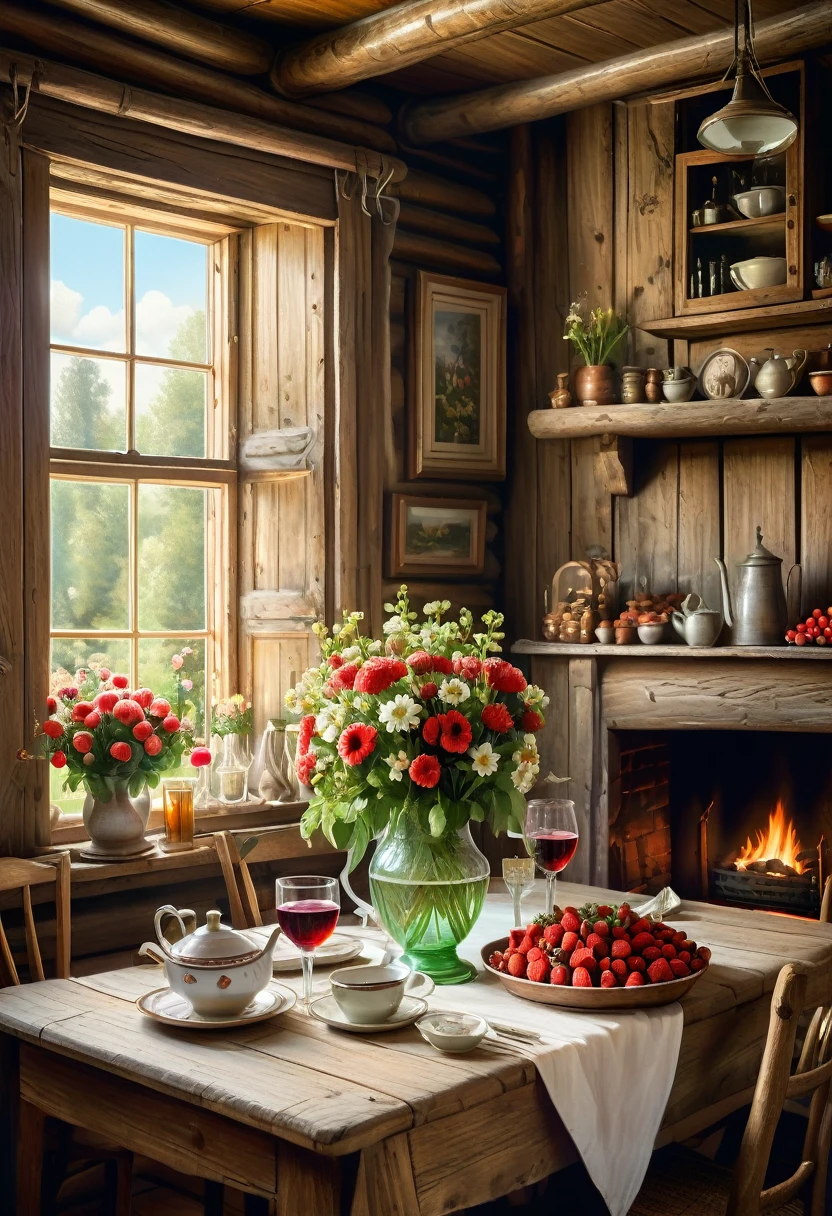 Ilustração hiper-realista e hiperdetalhada a lápis e aquarela de Ivan Fedorovich Choultse representando uma mesa rústica com uma variedade de arranjos florais, morangos e taças de vinho, tendo como pano de fundo um interior aconchegante de cabine. O foco está em uma garrafa de vinho tinto colocada na frente do buquê central. A luz suave das velas adiciona calor à cena, criando um ambiente acolhedor para comemorar o Dia dos Namorados. O espaço exala calor aconchegante e charme rústico no estilo de uma estética vintage, Elegância atemporal, no estilo da estética instantânea, naturalismo rústico, estética vintage, vida no campo romantizada, no estilo de miniaturas detalhadas, por Rachel Ruysch, Detalhe realista, Bloomcore, por Angela Barrett, Direção: Ivan Shishkin, uma composição visualmente agradável, Detalhe realista, Vida na aldeia russa, beleza calma e serena, Flores bonitas, cenas de sonho --estilizar 250.0