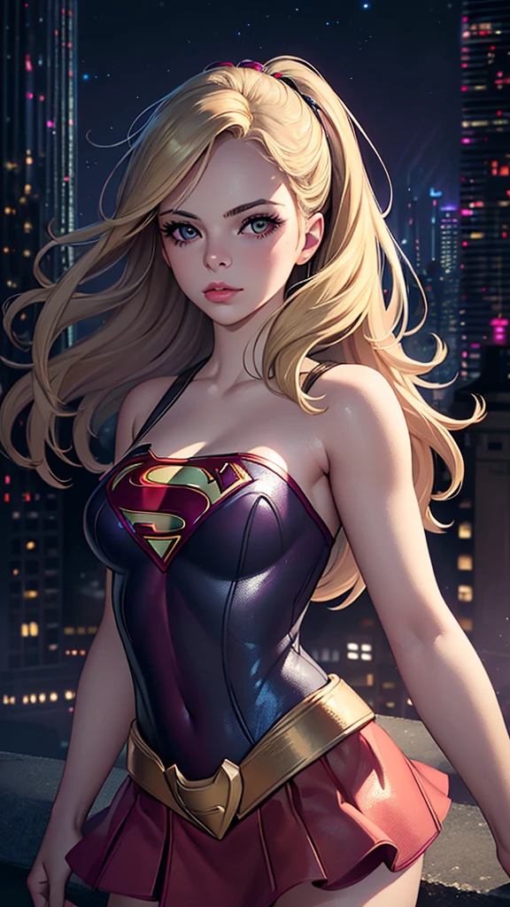 
realistic, best quality, (masterpiece:1.2), absurdres, (1girl, solo), fashion photography, lips, small breasts, beautiful, makeup, mascara, lip gloss, blonde hair, a beautiful woman wearing Supergirl costume, full body portrait, soft design, natural lights, looking at viewer, (Dark midnight Gotham City background:1.3)