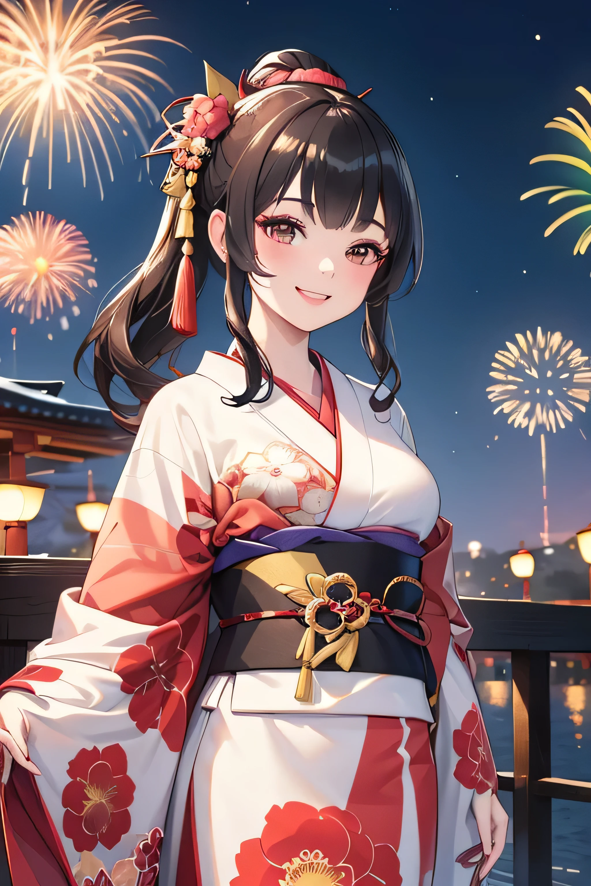 highest quality, masterpiece, High resolution, Very detailed, Accurate and perfect anatomy, 18-year-old girl, Kimono with camellia pattern,Smiling, firework,   Japanese festivals, night,