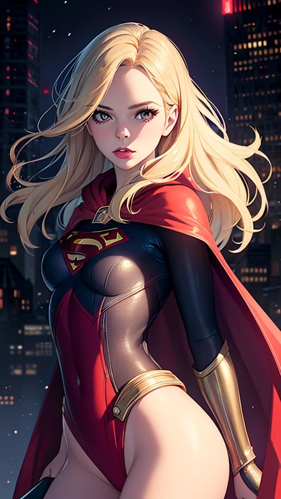 
realistic, best quality, (masterpiece:1.2), absurdres, (1girl, solo), fashion photography, lips, small breasts, beautiful, makeup, mascara, lip gloss, blonde hair, a beautiful woman wearing Supergirl costume, red cape, full body portrait, soft design, natural lights, looking at viewer, (Dark midnight Gotham City background:1.3)