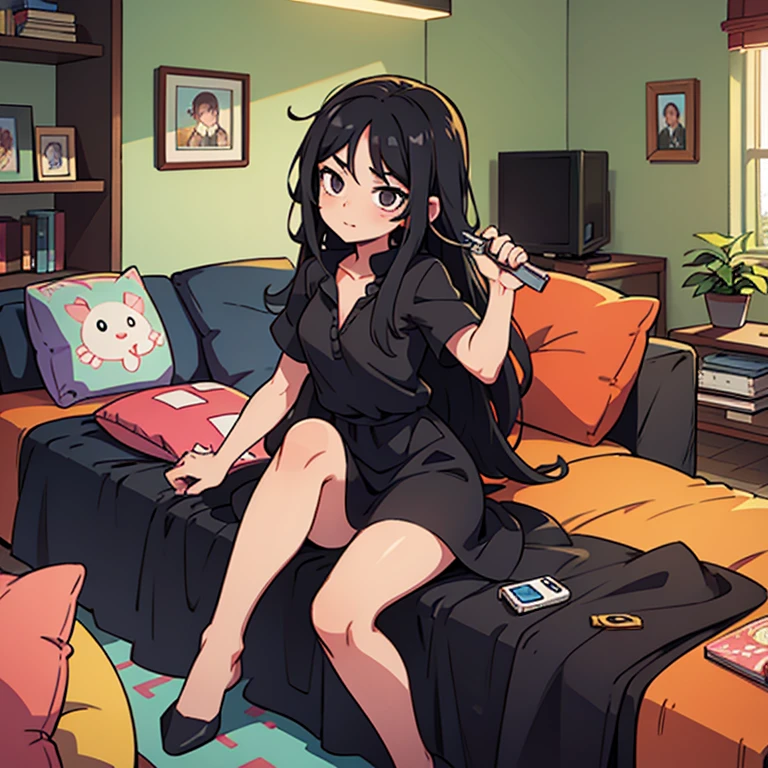 1girl black hair long hair black eyes dress living room