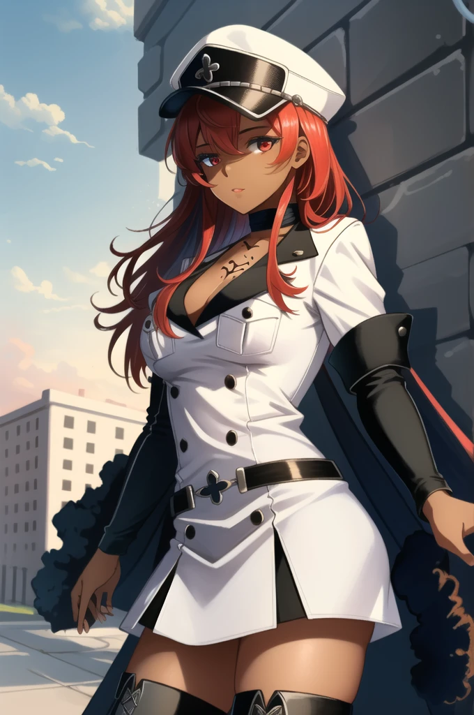 (masterpiece, best quality),  intricate details,
1girl,  hapi, red hair, red eyes, long hair, hat, peaked cap, military, uniform, military uniform, choker, thighhighs, boots, thigh boots, white footwear, chest tattoo, dark skin
