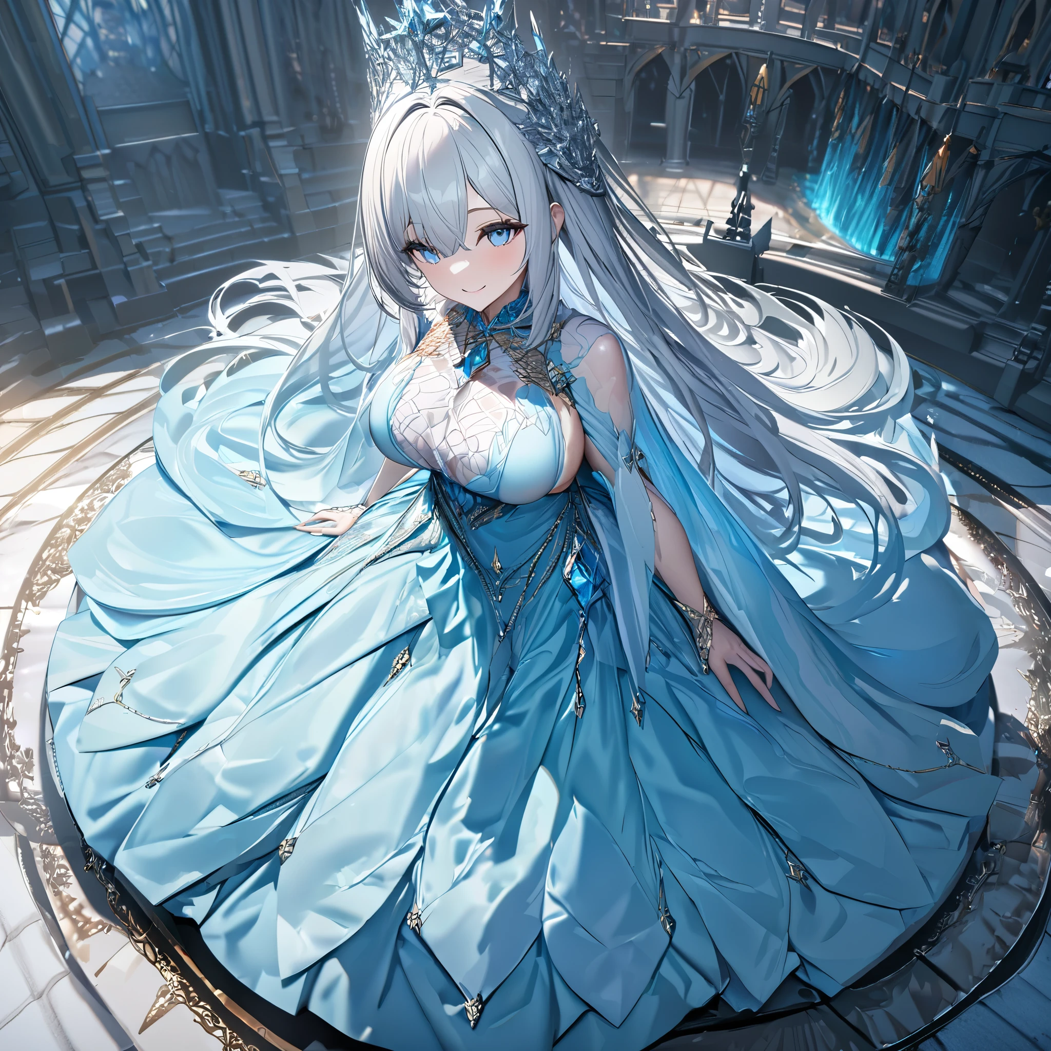 A woman in an ice blue dress, white hair, long hair, bangs in the eye, smiling, big boobs ice blue heels, ice blue eyes, walking on the floor of a large castle, large luxury castle..UHD , work- prime, precise, anatomically correct, textured skin, super details, high quality, best quality, 8k, high resolution, bokeh effect. (woman alone)
