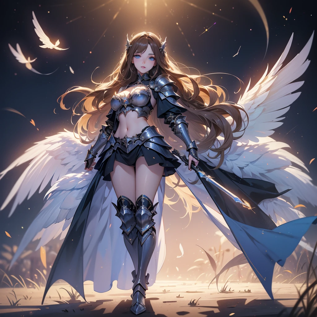 (((masterpiece))) (((highest quality))) (((8k resolution))) Queen in power armor, (gothic style), (full body shot 1.2), bellybutton, The most beautiful and sexy angel goddess, with long light brown hair, and glowing blue eyes, wearing intricate white gothic battle armor, angel wings, standing majestically in front of a gothic castle. ((perfect illumination)), a radiant glowing aura surrounds her, highlighting her divine presence and ethereal beauty, as she stands ready to defend her realm. The intricate details of her armor shimmer under the moonlight, and her angelic wings spread wide, casting an awe-inspiring shadow. Her glowing blue eyes exude both kindness and immense power, making her the epitome of grace and strength.