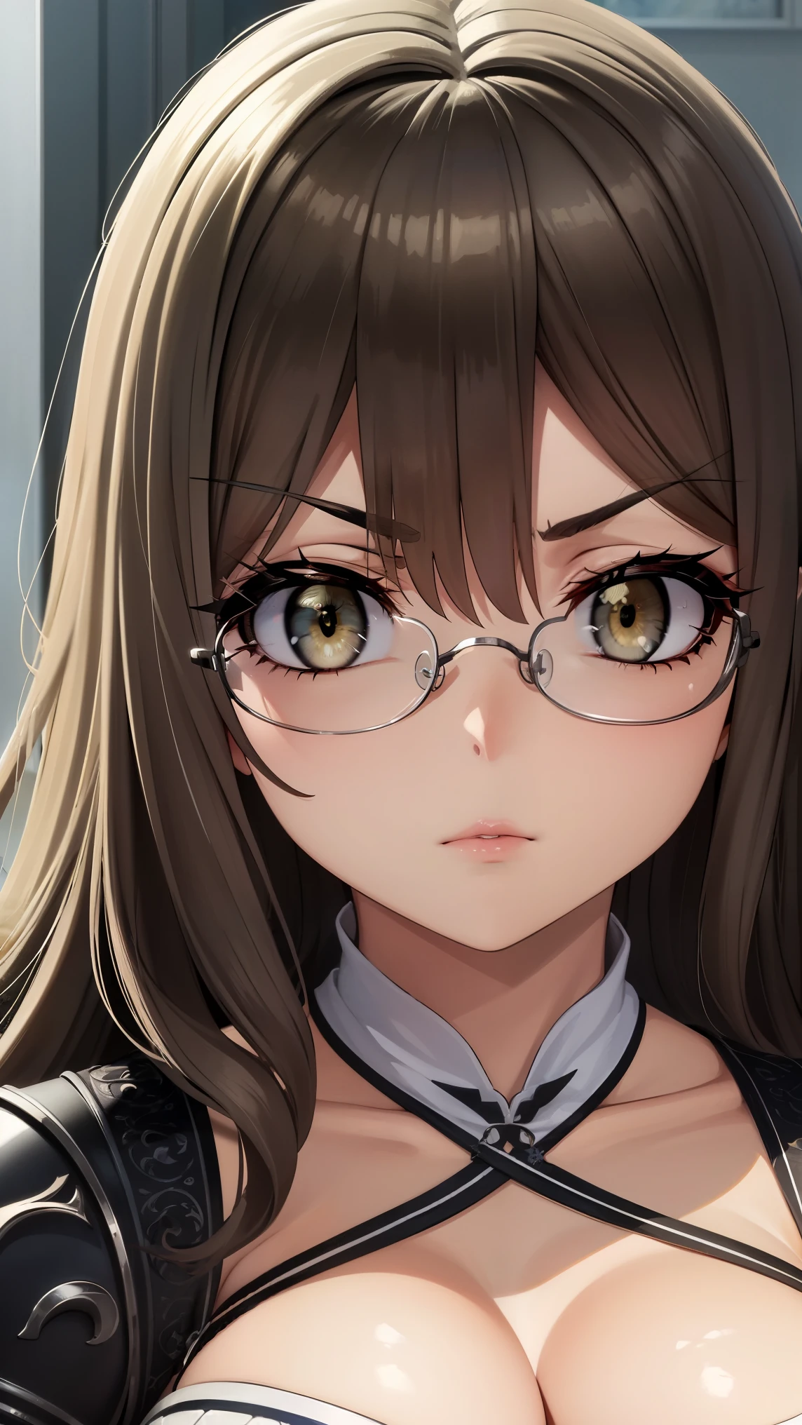 riofutaba, rio futaba, black-framed eyewear, (brown eyes:1.7), glasses, (grey hair:1.2), hair between eyes, over-rim eyewear, semi-rimless eyewear, long hair, sidelocks, 
BREAK (hair ribbon, circlet, halterneck, criss-cross halter, white and purple dress, armlet, white skirt, thigh boots:1.2),
BREAK angry looking face、Shyness、up chest、solo,、breastsout(camel's toe)、highleg,
BREAK (masterpiece:1.2), best quality, high resolution, unity 8k wallpaper, (illustration:0.8), (beautiful detailed eyes:1.6), extremely detailed face, perfect lighting, extremely detailed CG, (perfect hands, perfect anatomy),