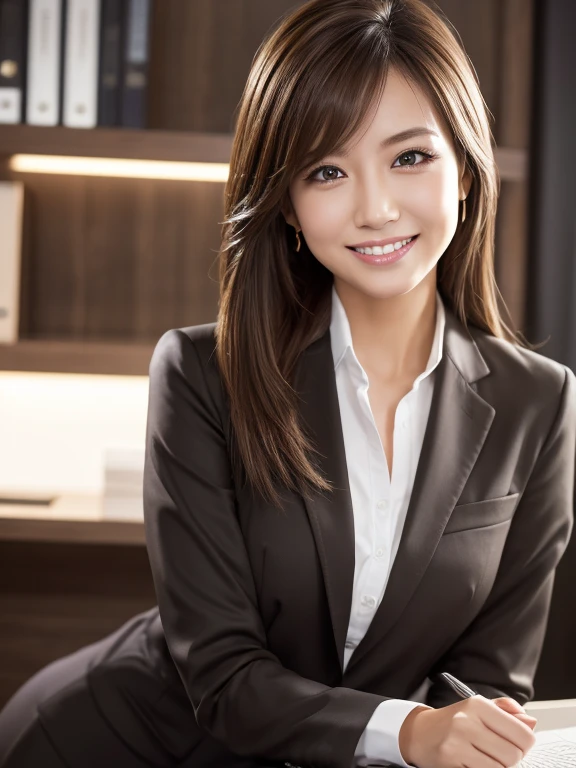 Tabletop, highest quality, Realistic, Very detailed, finely, High resolution, 8k wallpaper, 1. Beautiful Women,, Light brown messy hair, Wearing a business suit, Sharp focus, Perfect dynamic composition, finelyて美しい目, Thin Hair, Detailed and Realistic skin texture, smile,  Model Body Type、Beautiful legs、office、smile、