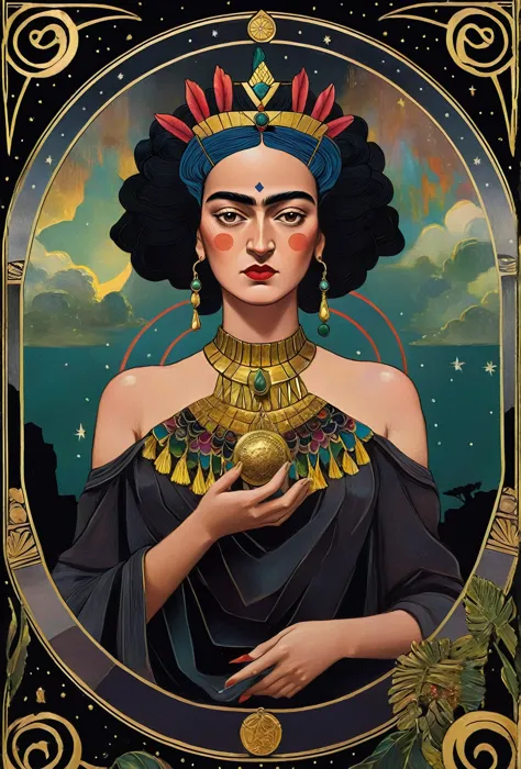 Frida Kahlo as a Tarot Card: score_9, score_8_up, score_7_up, score_6_up, score_5_up,  [ ACOCleopatra],[Black Hair],Cleopatra fr...