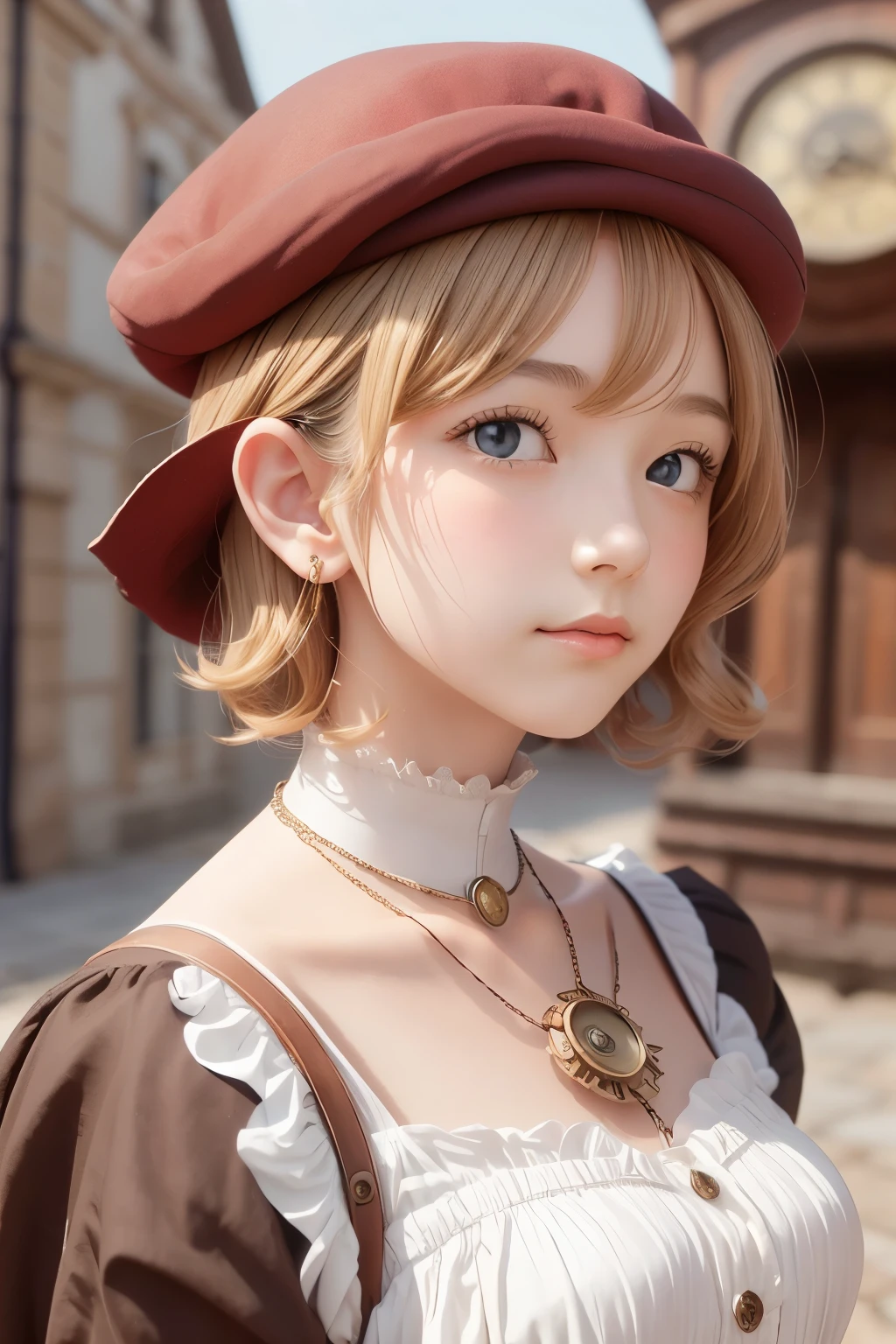 close, Straight blonde short curly hair  girl little red hat, Necklace Watches, (Victorian era), ((steampunk)), Cinematography, worked, elegant, Scrupulous, grow, Maximum details, Extremely aesthetic, Exquisitely crafted, Lots of gear, Old town background