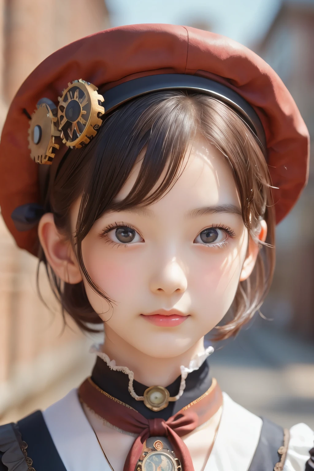 ((detailed face, cute face)), close, Straight blonde short curly hair  girl little red hat, Necklace Watches, (Victorian era), ((steampunk)), Cinematography, worked, elegant, Scrupulous, grow, Maximum details, Extremely aesthetic, Exquisitely crafted, Lots of gear, Old town background