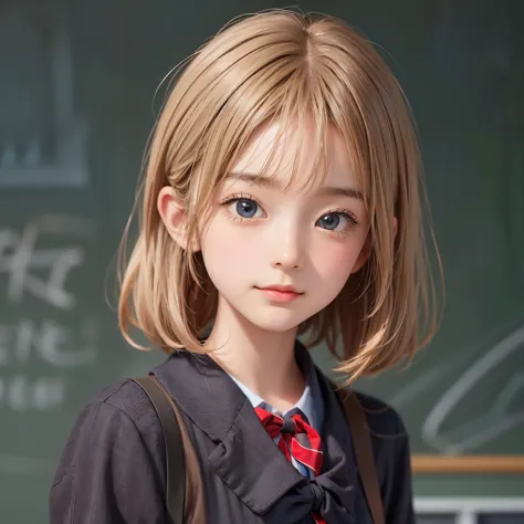 ((detailed face, cute face)), A young blonde teacher is standing in front of a blackboard