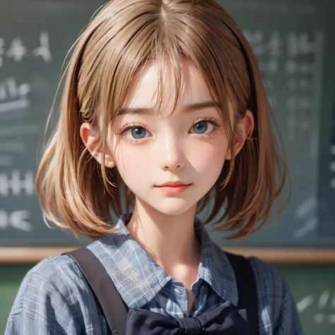 ((detailed face, cute face)), A young blonde teacher is standing in front of a blackboard