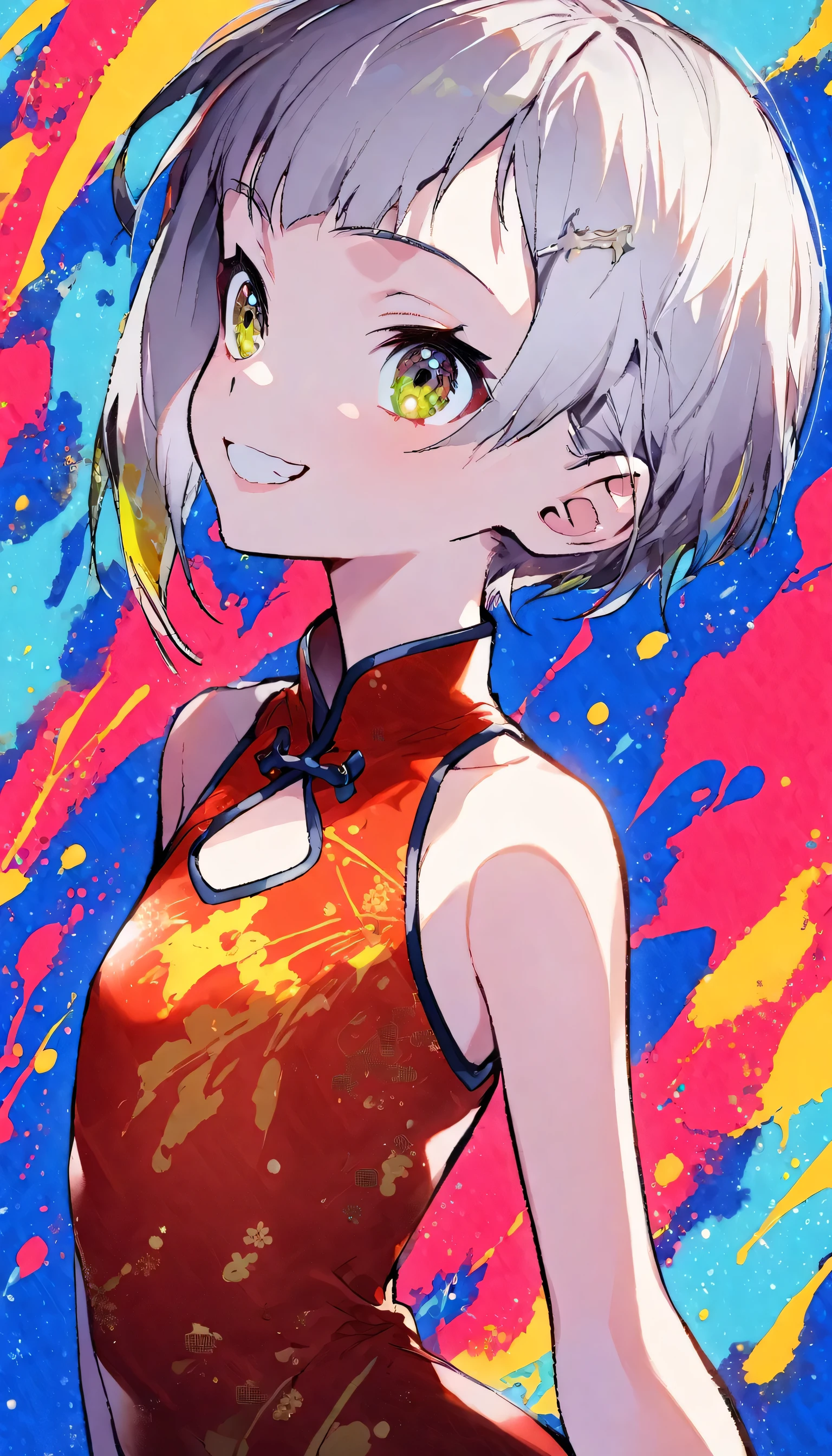 1girl, kawaii, smile, slender body, ((boyish hair, very short silver hair )), (flat chest:1.3), sparkling, red dress, Chinese dress, standing, upper body shot, vivid color, colorful paint splash:1.5