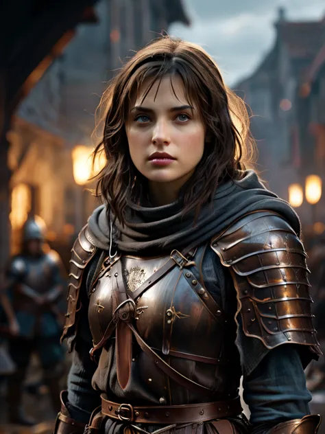 Joan of arc with dark brown hair in armor leading soldiers into battle, background dark, hyper realistic, ultra detailed hyper r...