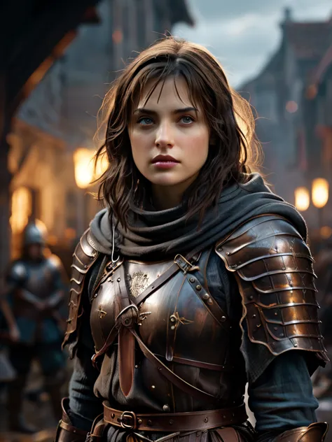 joan of arc with dark brown hair in armor leading soldiers into battle, background dark, hyper realistic, ultra detailed hyper r...