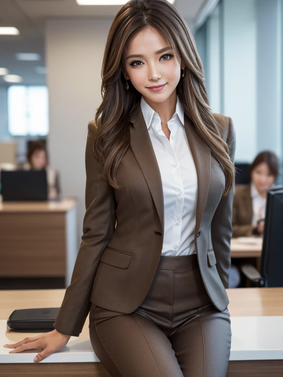 Tabletop, highest quality, Realistic, Very detailed, finely, High resolution, 8k wallpaper, 1. Beautiful woman,, Light brown messy hair, Wearing a business suit, Sharp focus, Perfect dynamic composition, finelyて美しい目, Thin Hair, Detailed and Realistic skin texture, smile,  Model Body Type、Beautiful feet、office