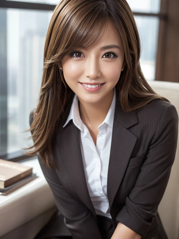 Tabletop, highest quality, Realistic, Very detailed, finely, High resolution, 8k wallpaper, 1. Beautiful Women,, Light brown messy hair, Wearing a business suit, Sharp focus, Perfect dynamic composition, finelyて美しい目, Thin Hair, Detailed and Realistic skin texture, smile,  Model Body Type、Beautiful legs、office、smile、