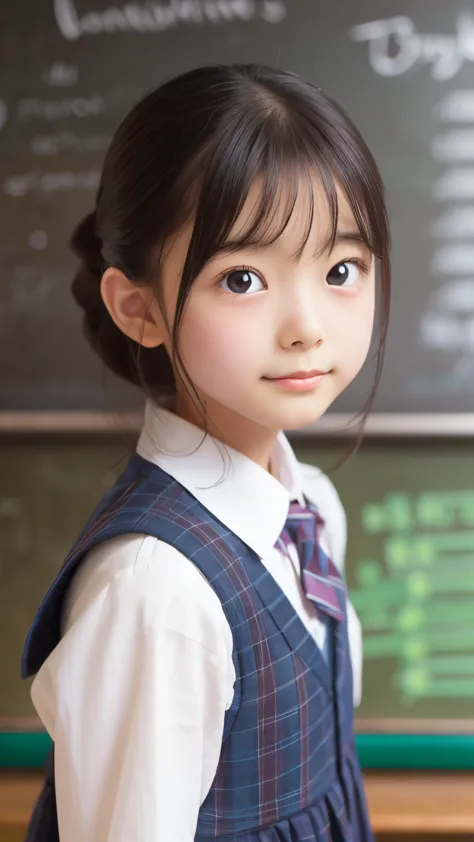 cute face, A young teacher stands in front of a blackboard