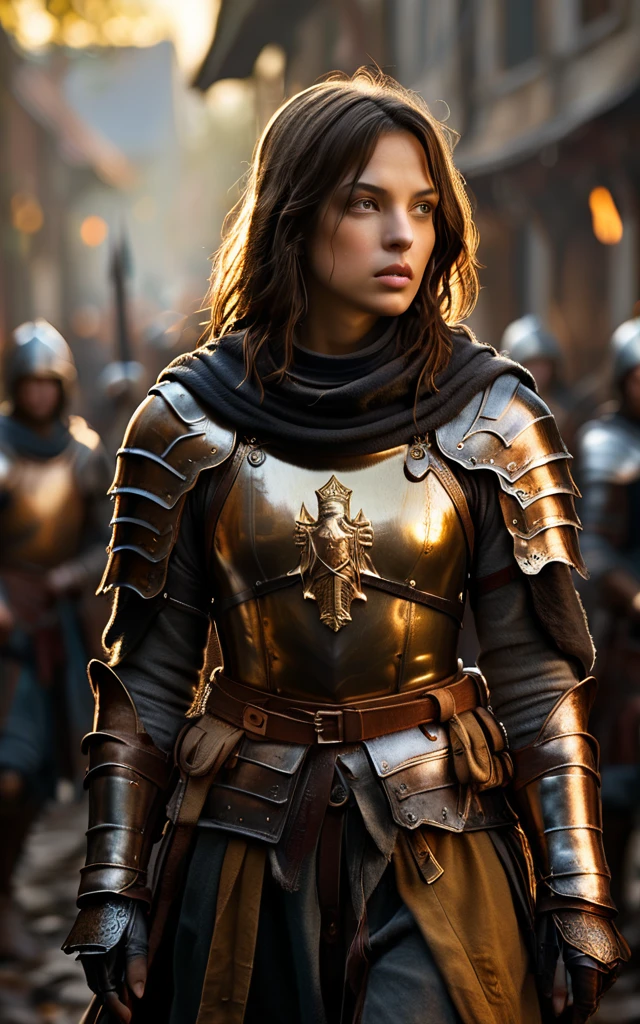 As the sun began to set, The warm golden color of the sun shone on his clothes, Joan of arc with dark brown hair in armor leading soldiers into battle, background dark, hyper realistic, ultra detailed hyper realistic, photorealistic, Studio Lighting, reflections, dynamic pose, Cinematic, Color Grading, Photography, Shot on 50mm lens, Ultra-Wide Angle, Depth of Field, hyper-detailed, beautifully color, 8k, golden light from the front,