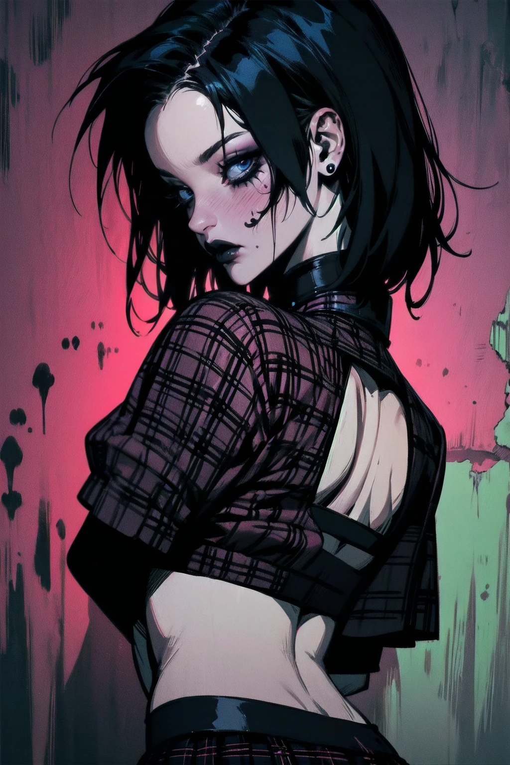 a woman with short black hair, hair on shoulders, wearing a black cropped and plaid skirt, blue eyes, zombie art, gothic art, cute aesthetic with vibe, toon aesthetic, wearing red costume, wearing gothic accessories, look like Cassie Hack, upper body, backwards, looking back, halloween background