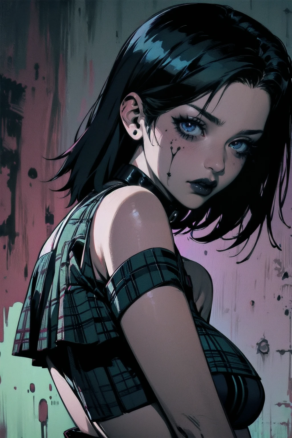 a woman with short black hair, hair on shoulders, wearing a black cropped and plaid skirt, blue eyes, zombie art, gothic art, cute aesthetic with vibe, toon aesthetic, wearing red costume, wearing gothic accessories, look like Cassie Hack, upper body, backwards, looking back, halloween background