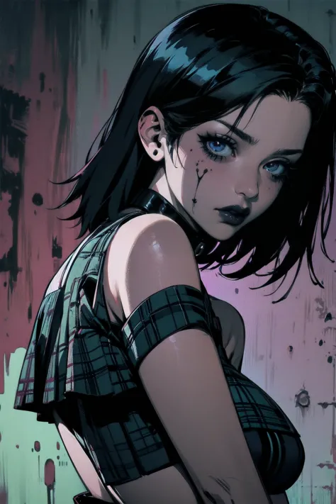 a woman with short black hair, hair on shoulders, wearing a black cropped and plaid skirt, blue eyes, zombie art, gothic art, cu...