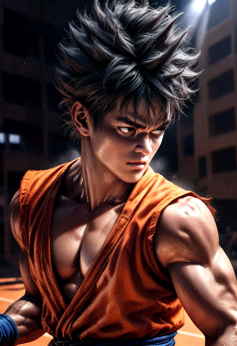 a young man with spiky black hair, wearing an orange martial arts outfit, playing basketball on a court, beautiful detailed eyes, beautiful detailed lips, extremely detailed face, long eyelashes, muscular body, dynamic action pose, basketball court, blue sky, sun rays, realistic, photorealistic, photo-realistic:1.37, best quality, 8k, highres, masterpiece:1.2, ultra-detailed, vivid colors, cinematic lighting, dramatic shadows, epic action scene