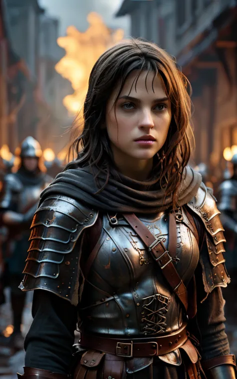 joan of arc with dark brown hair in armor leading soldiers into battle, background dark, hyper realistic, ultra detailed hyper r...