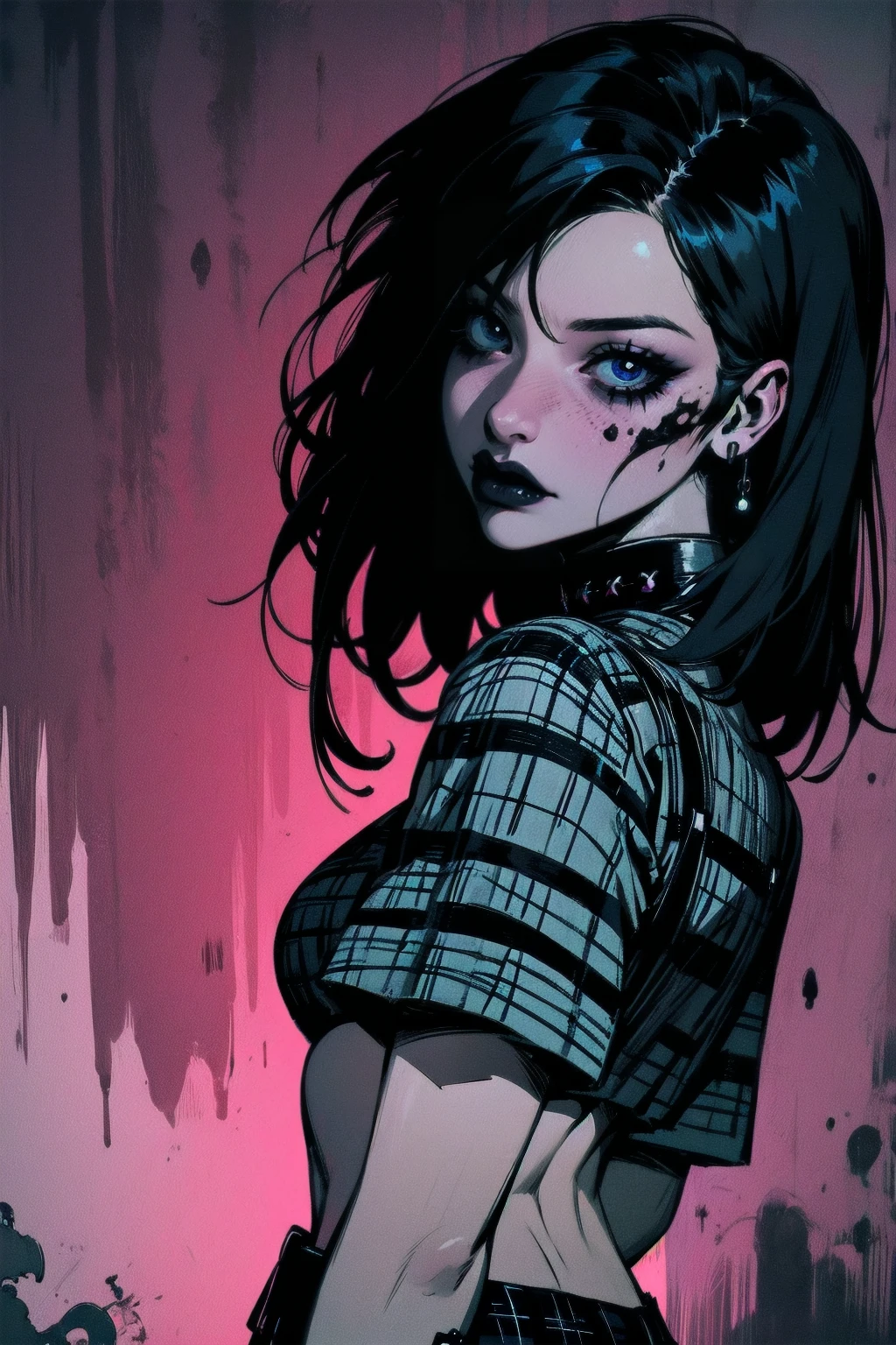 a woman with short black hair, hair on shoulders, wearing a black cropped and plaid skirt, blue eyes, zombie art, gothic art, cute aesthetic with vibe, toon aesthetic, wearing red costume, wearing gothic accessories, look like Cassie Hack, upper body, backwards, looking back, halloween background